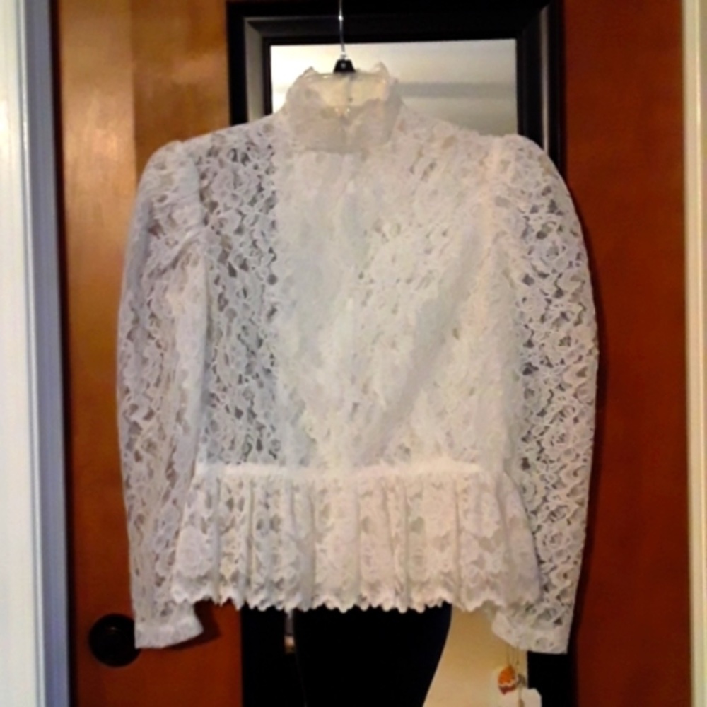 True vintage white lace puff sleeve victorian steampunk blouse